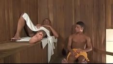Play He noticed that she was looking at his dick a lot when they were in the sauna...